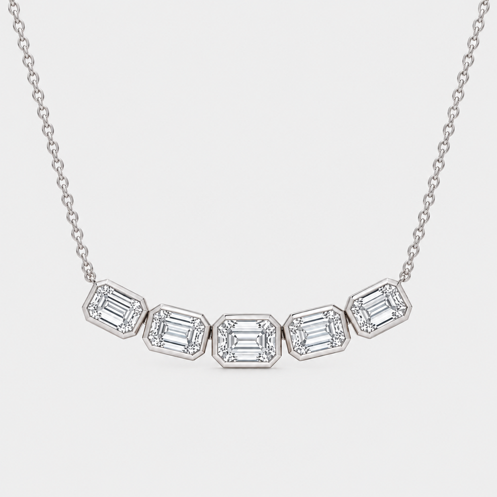 Five Stone Bezel Set Emerald cut Diamond Necklace - 14K White Gold