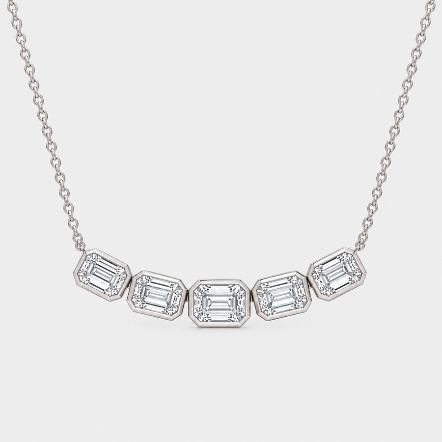 Five Stone Bezel Set Emerald cut Diamond Necklace
