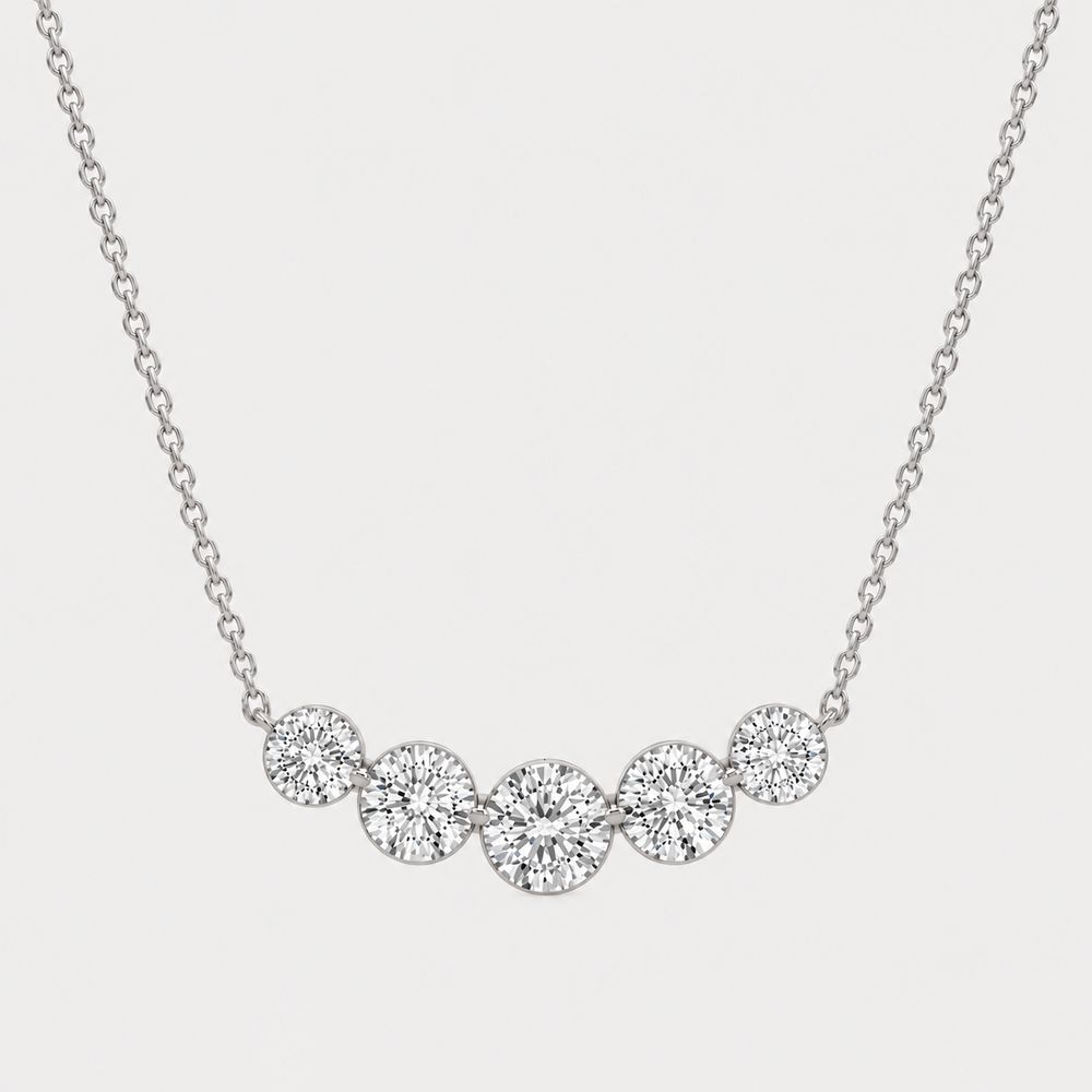 Five Stone Round Brilliant Diamond Necklace - 14K White Gold