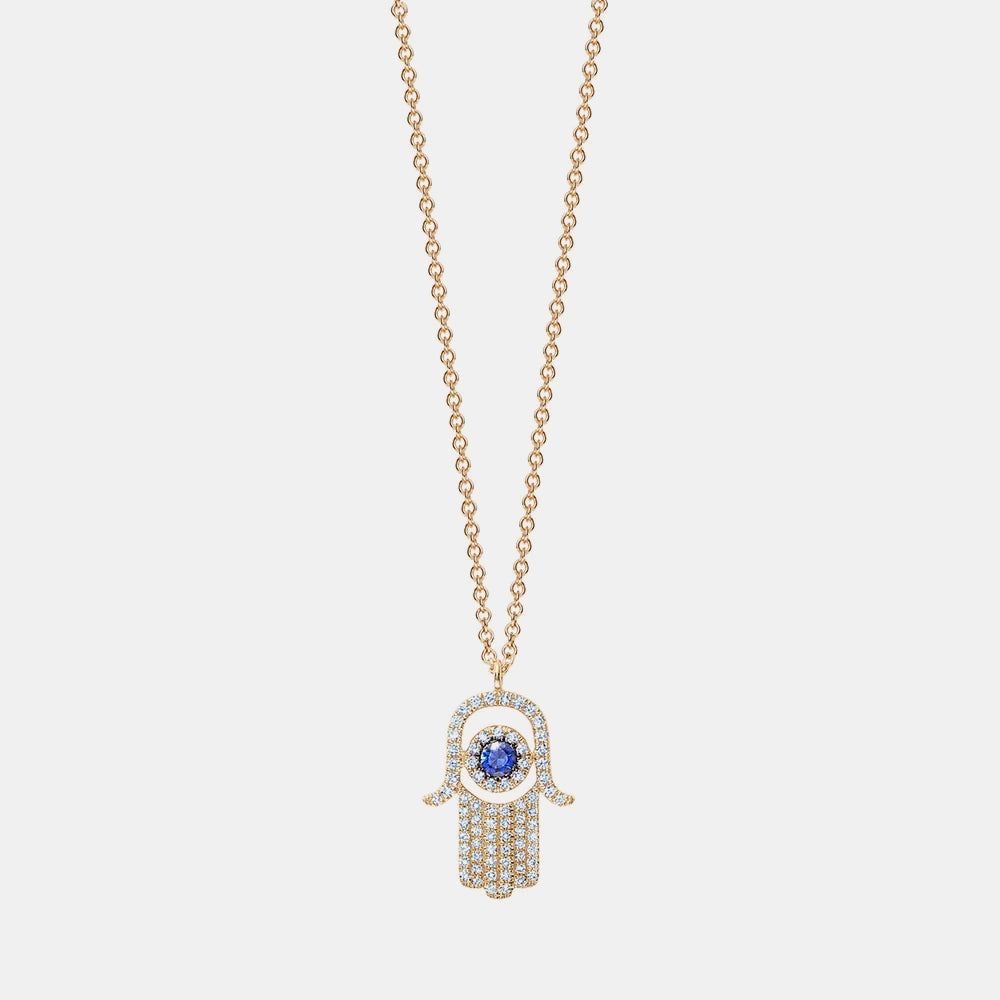 Diamond Blue Sapphire Hamsa Necklace