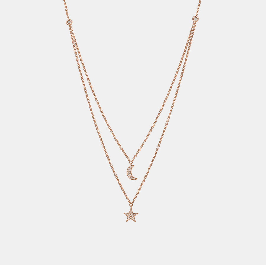 Collier à Double Chaîne d'Étoile et Lune en Diamant