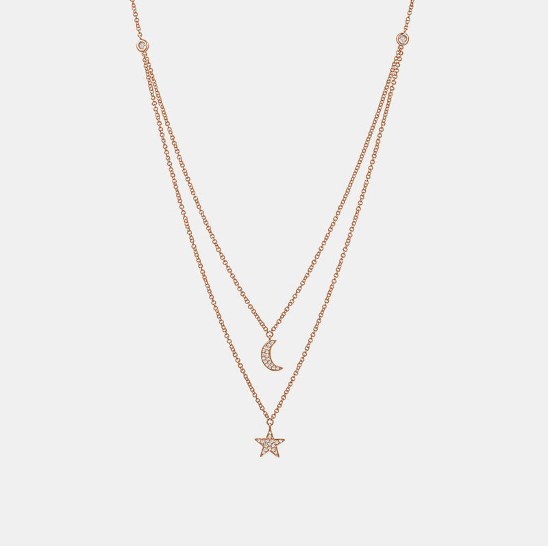 Double Layered Diamond StarMoon Necklace