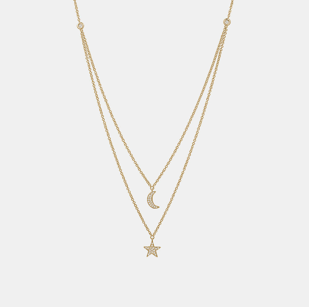 Double Layered Diamond StarMoon Necklace