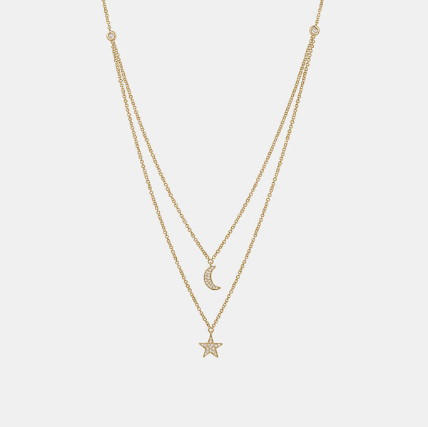Double Layered Diamond StarMoon Necklace