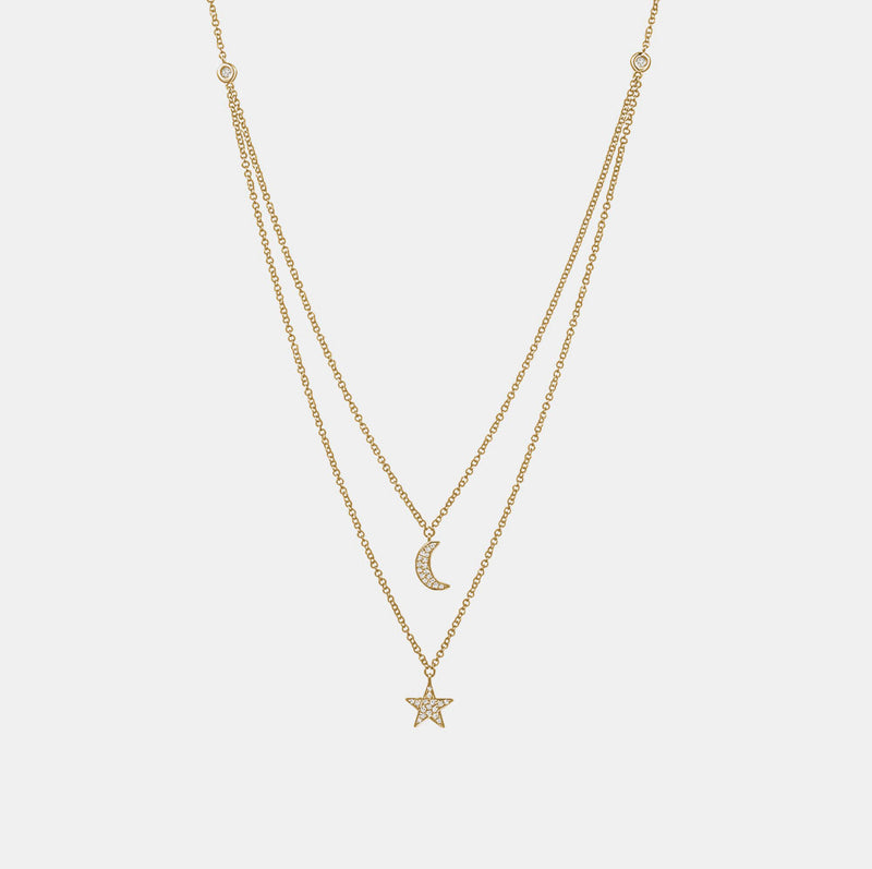 Double Layered Diamond StarMoon Necklace