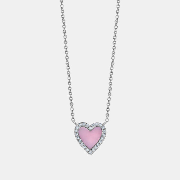 Mini Pink Opal Diamond Border Heart Necklace