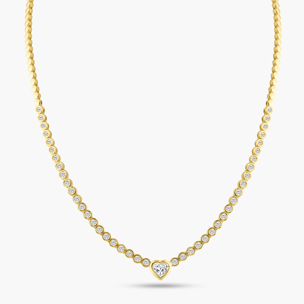 Round Bezel Heart Tennis Necklace - 14K Yellow Gold