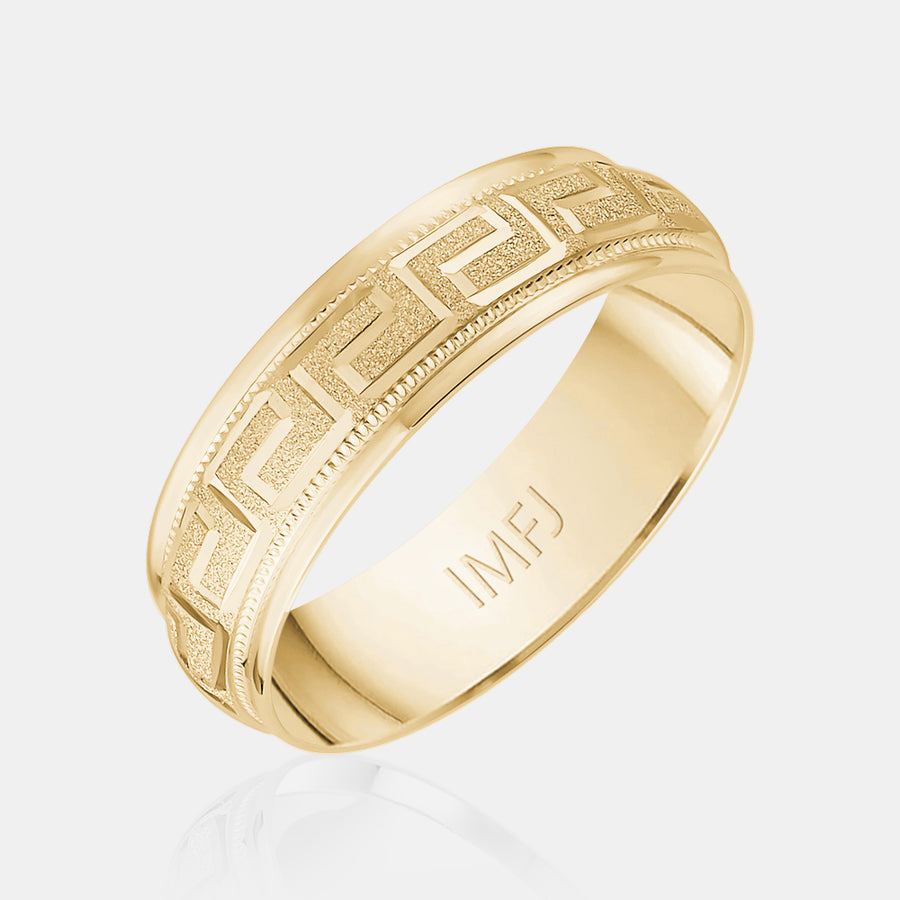 Alliance 18K avec symbole grec arrondi et bordure à grains multiples