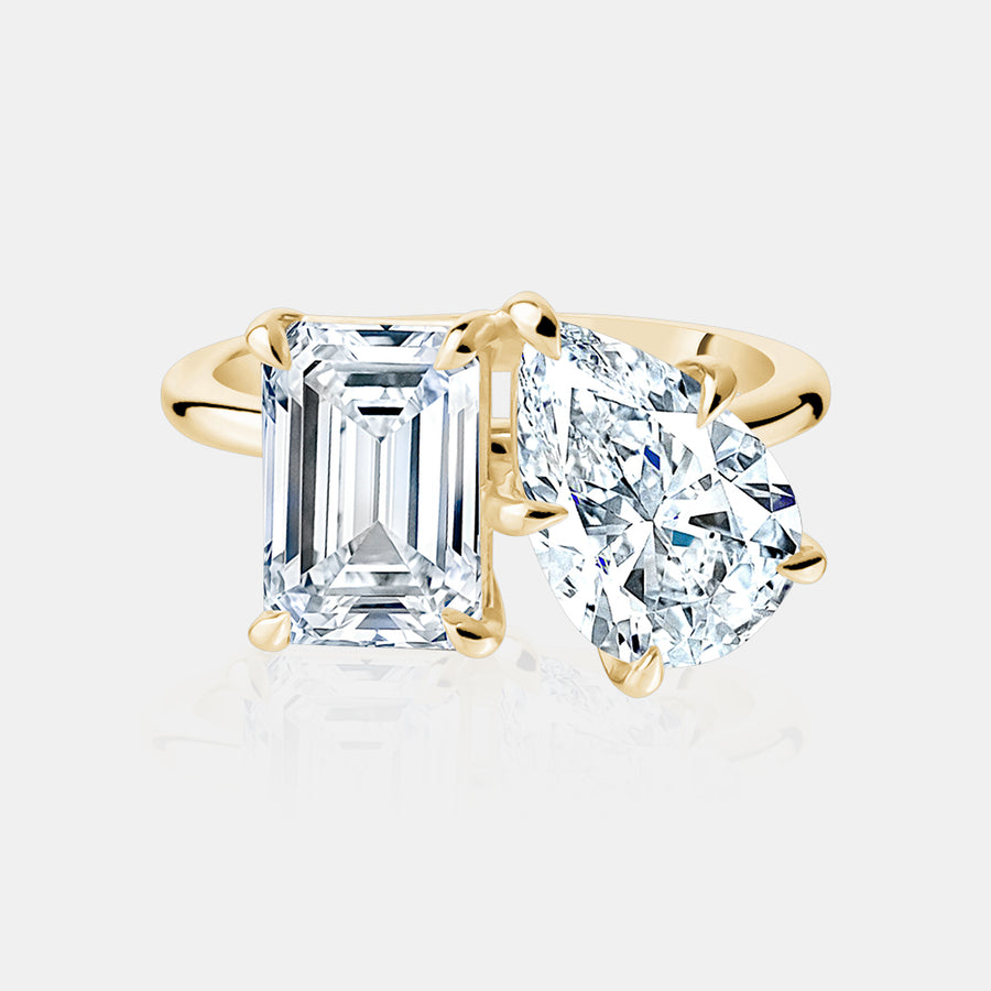 SOLD Bague de fiançailles Toi et Moi, poire et émeraude de culture de laboratoire
