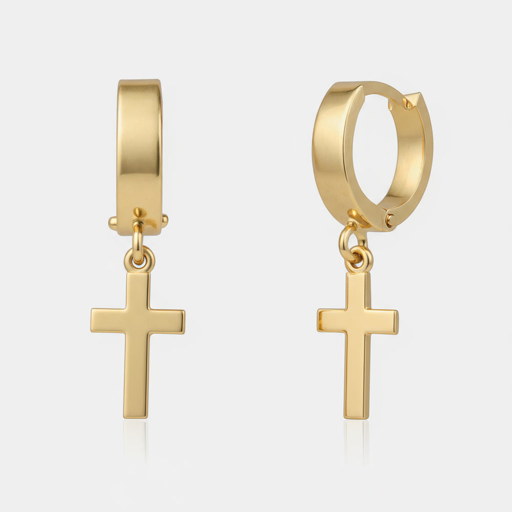 Drop Cross Gold Huggies - 10K Yellow Gold