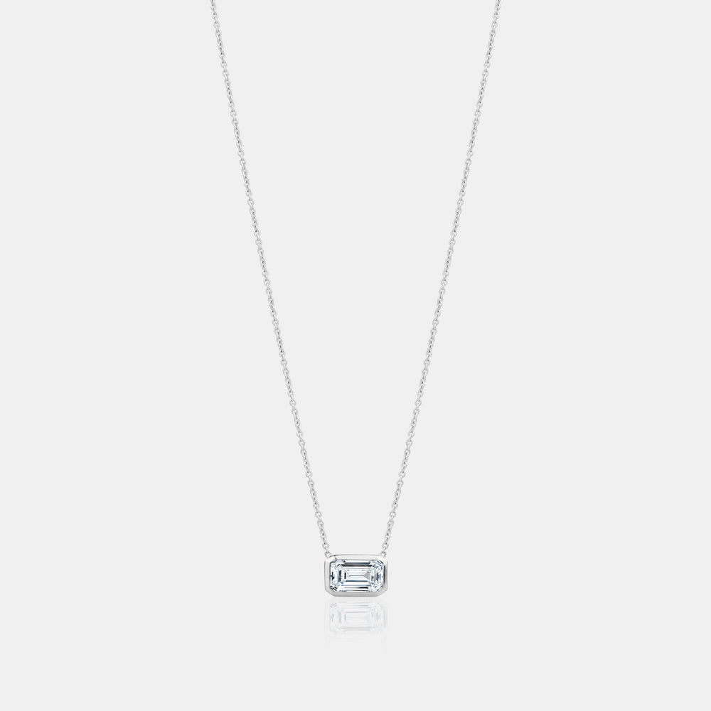Lab Grown Diamond Bezel Emerald Necklace - 14K White Gold