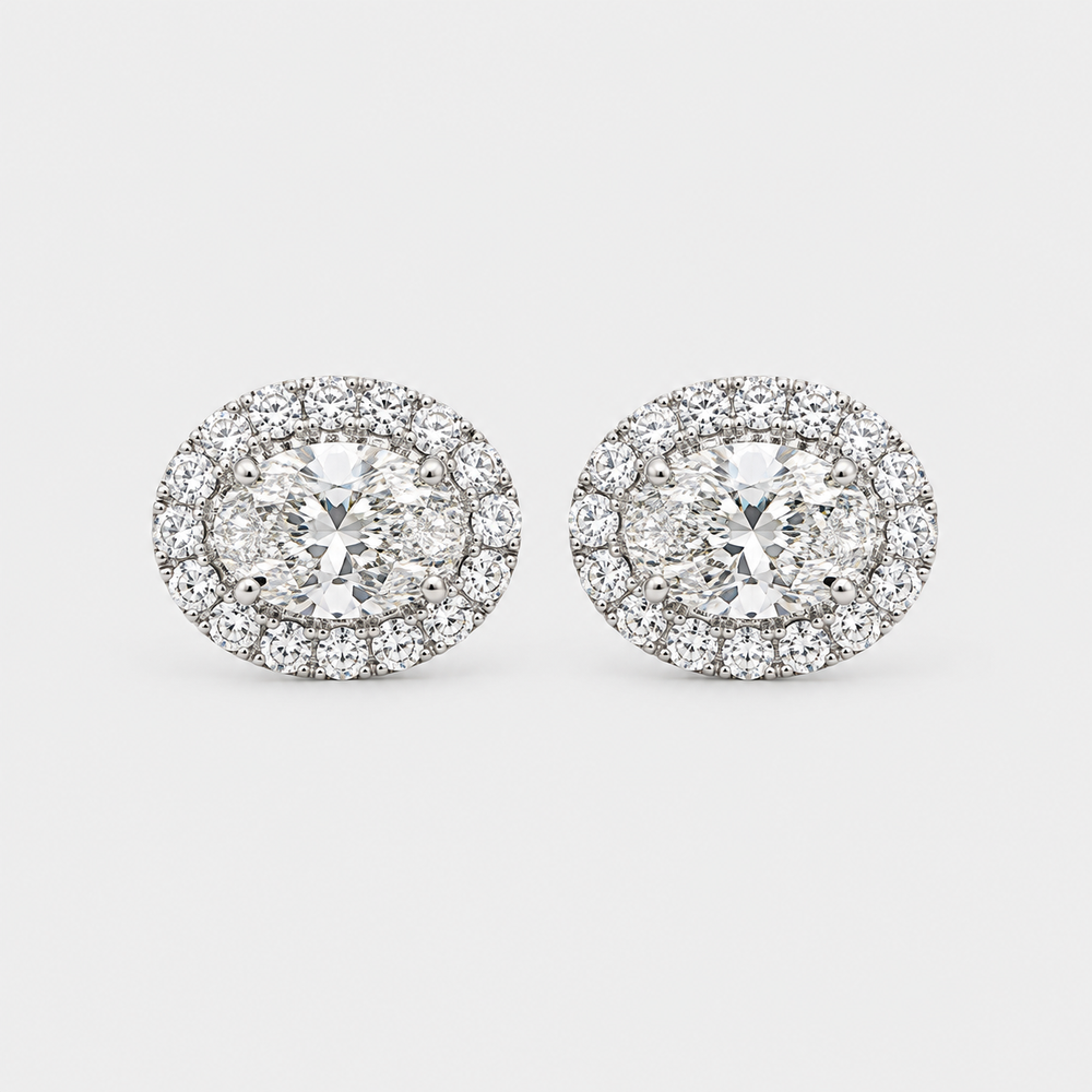 The Lab Grown Oval Diamond Halo Studs - 14K White Gold