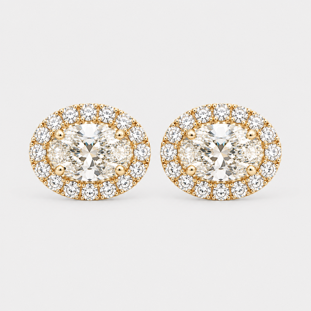The Lab Grown Oval Diamond Halo Studs - 14K Yellow Gold