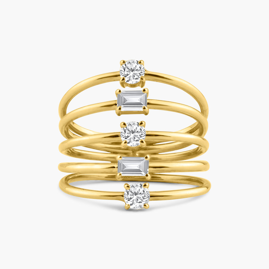 Bague à 5 rangs en forme de rond et d'émeraude