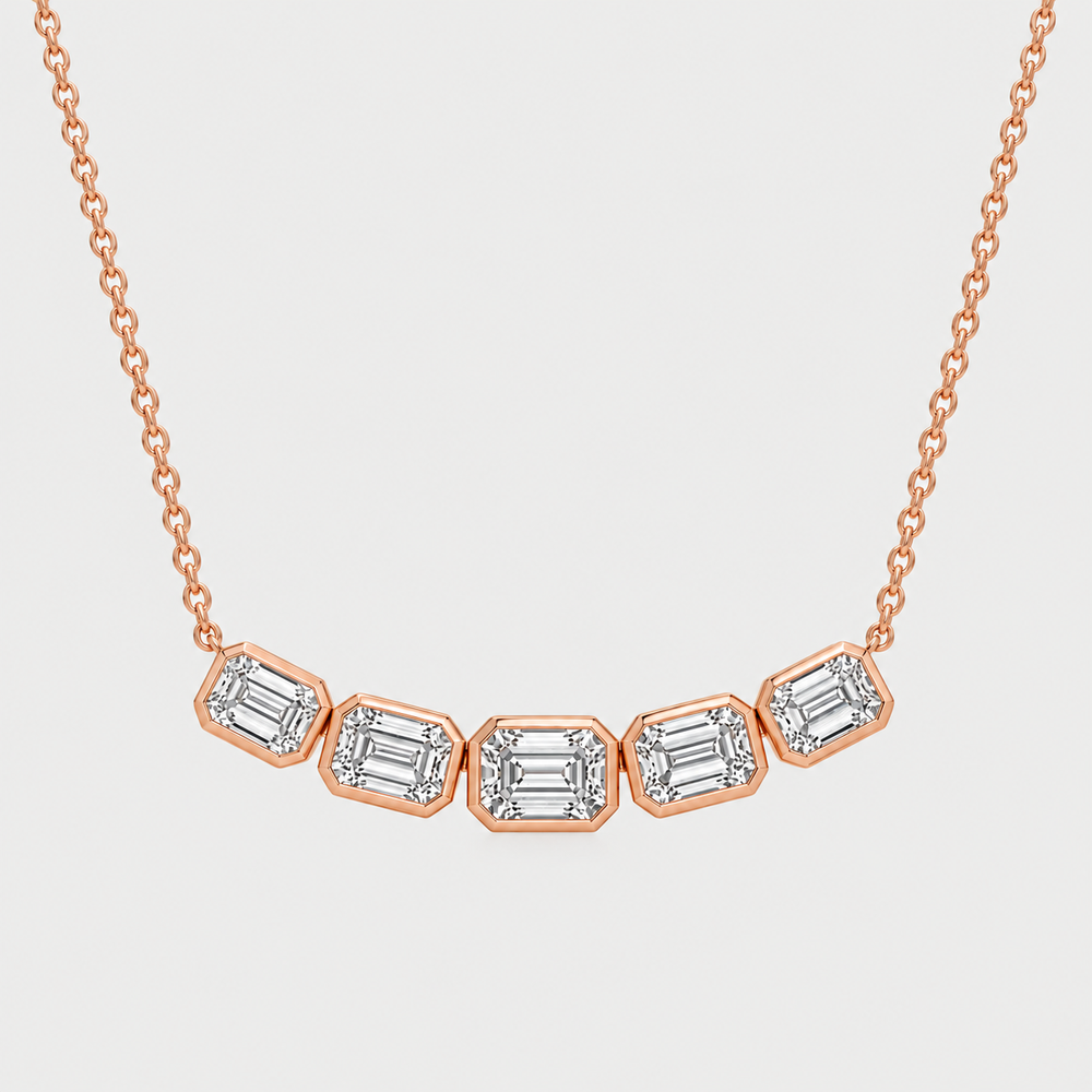 Five Stone Bezel Set Emerald cut Diamond Necklace - 14K Rose Gold