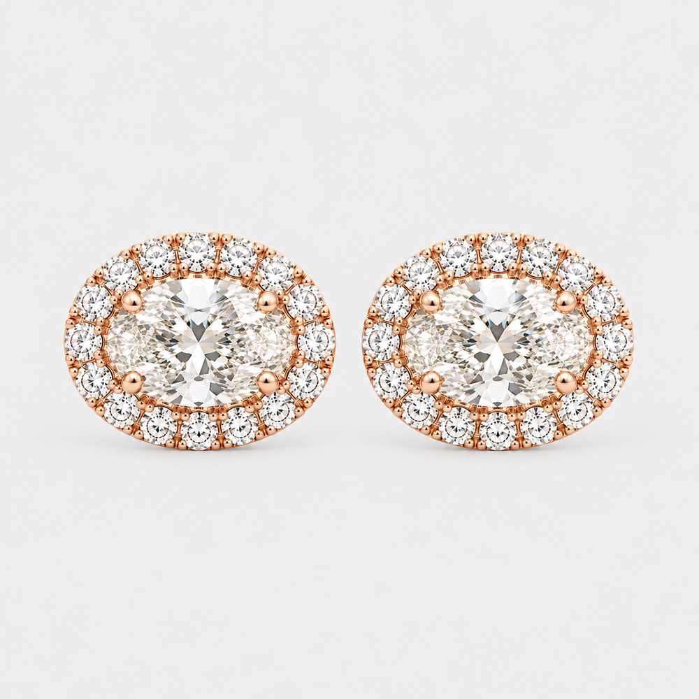 The Lab Grown Oval Diamond Halo Studs - 14K Rose Gold