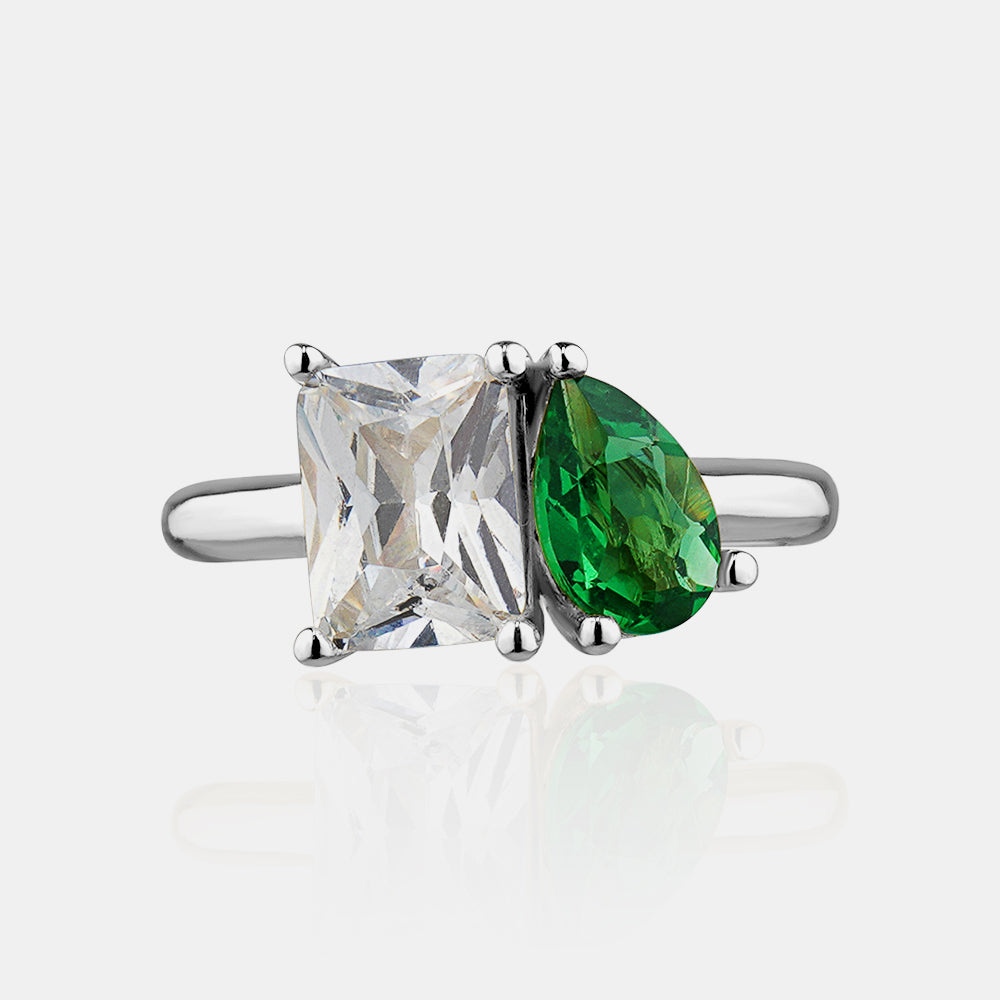 Green Emerald Pear and Emerald Shape Toi et Moi Ring