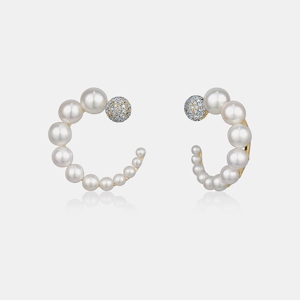 Graduated Pearl Hoops with Diamonds