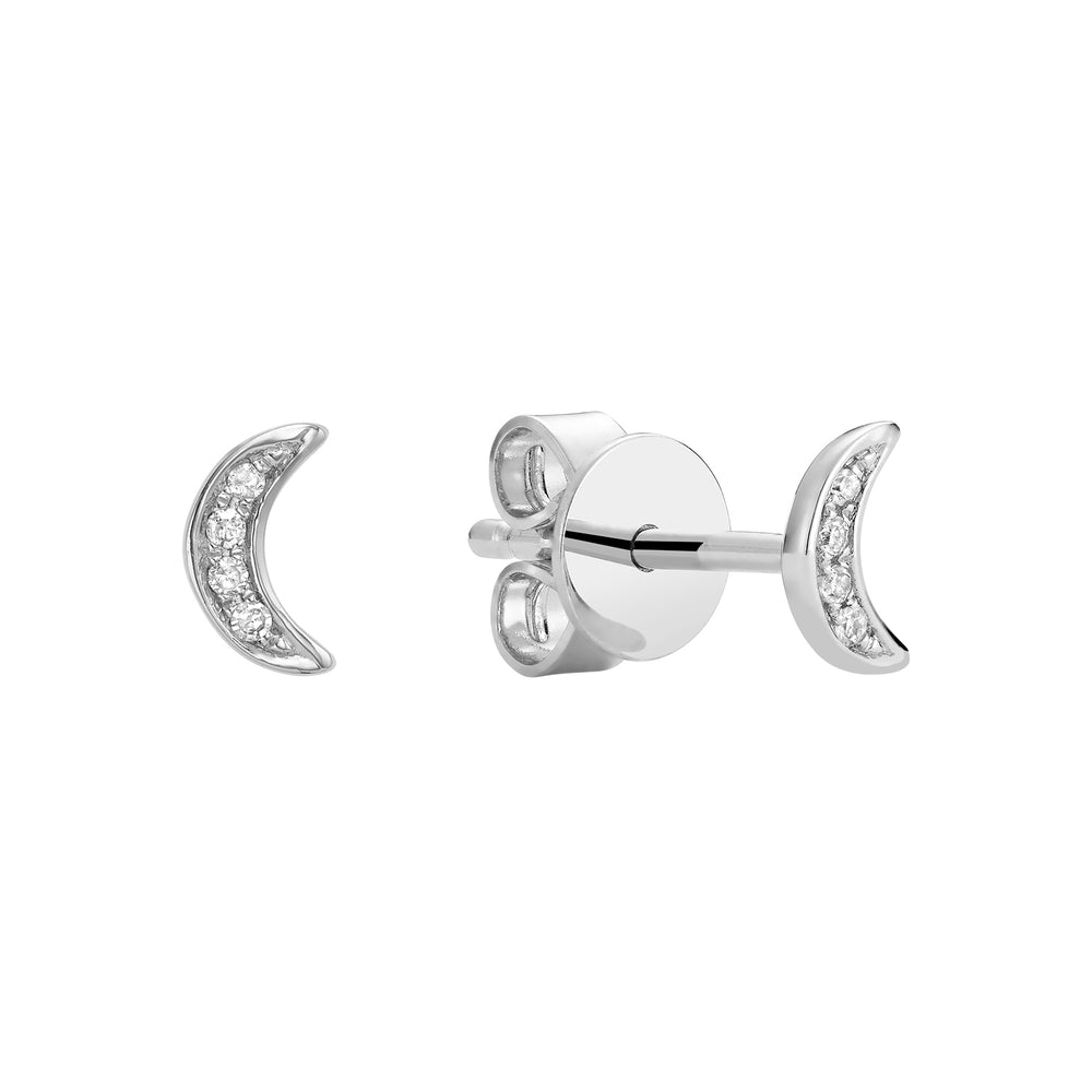 Mini Diamond Moon Studs - 10K White Gold