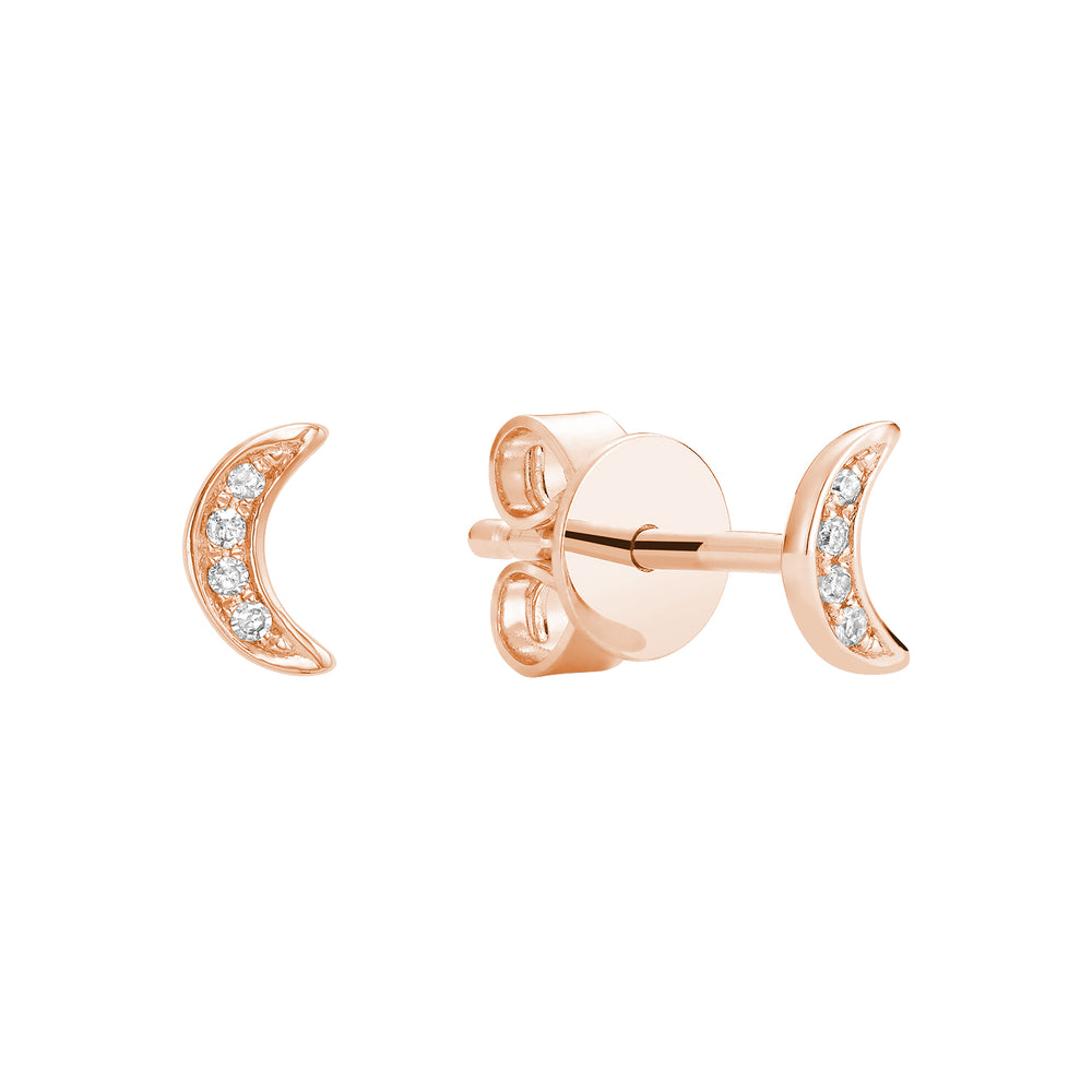 Mini Diamond Moon Studs - 10K Rose Gold