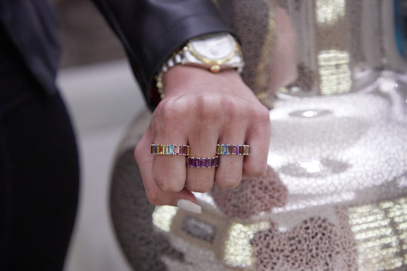 Rainbow Emerald Cut Eternity Ring