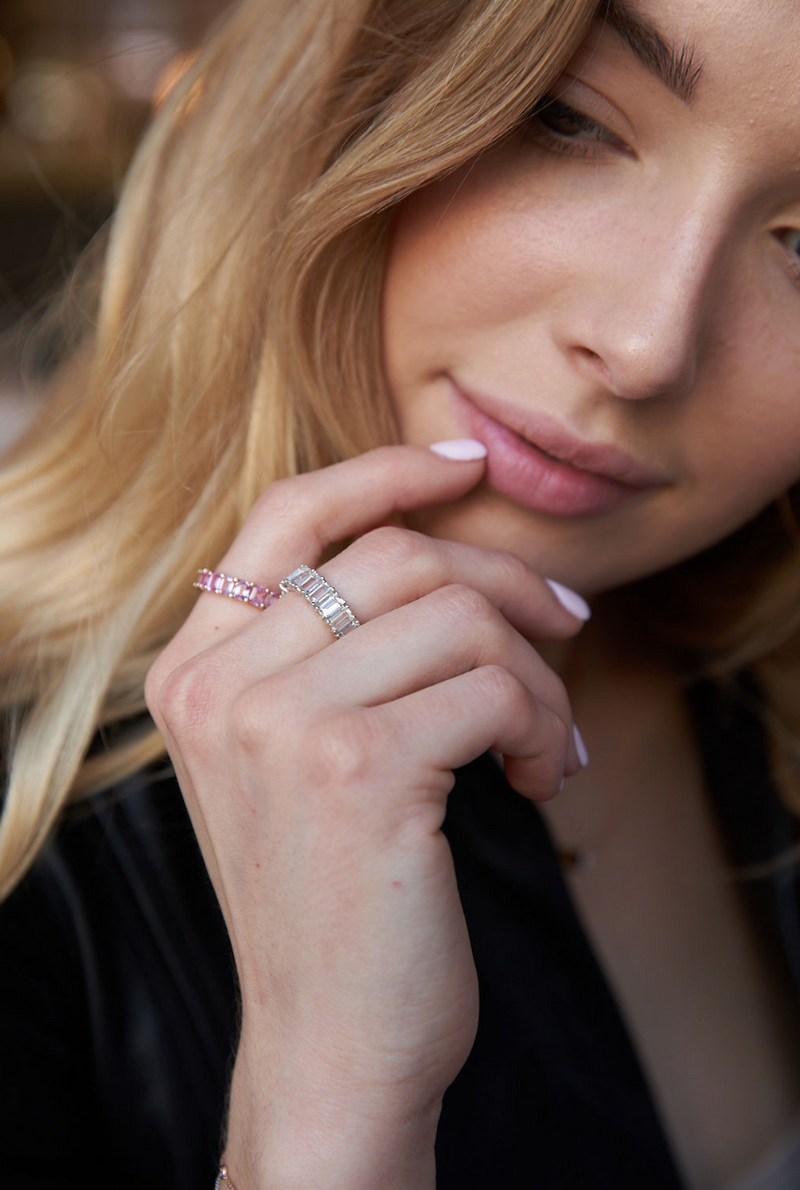 White Topaz Emerald Cut Eternity Ring