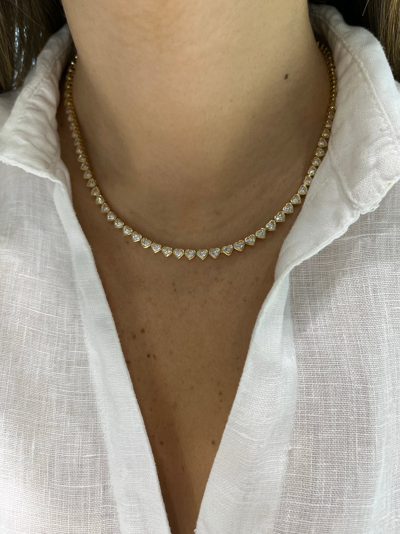 Half Way Bezel-Set Heart Diamond Tennis Necklace