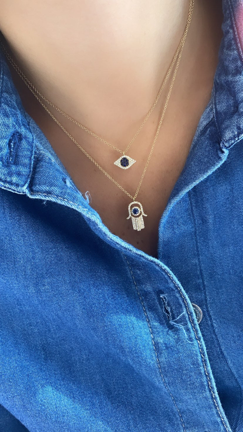 Diamond Blue Sapphire Hamsa Necklace