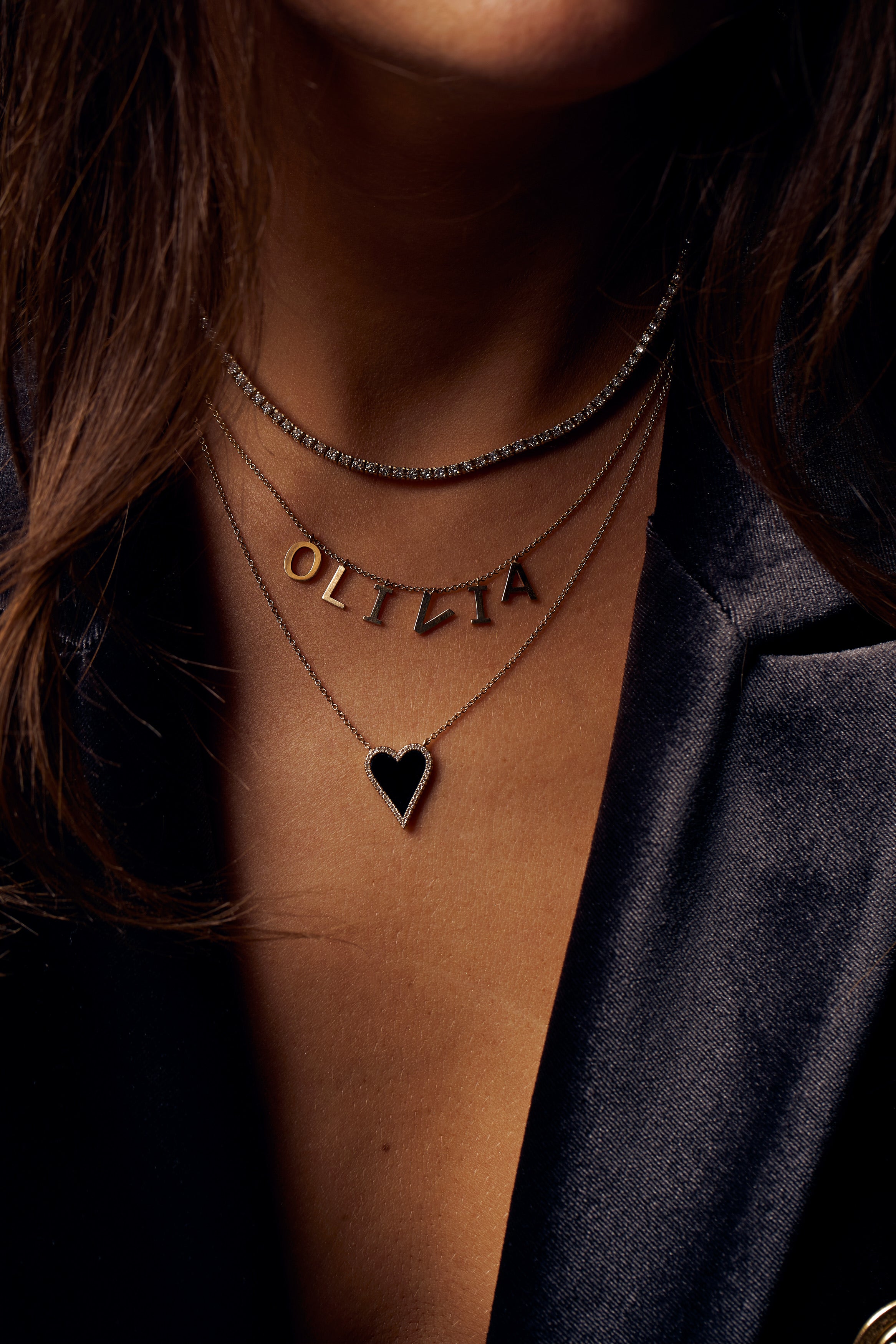 Black Onyx Diamond Border Pointy Heart Necklace