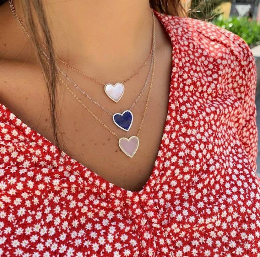 Navy Diamond Border Heart Necklace